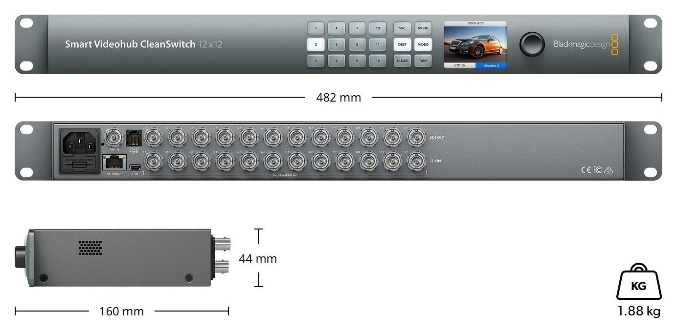 Blackmagic Smart Videohub CleanSwitch 12x12 – Rozmery a hmotnosť
